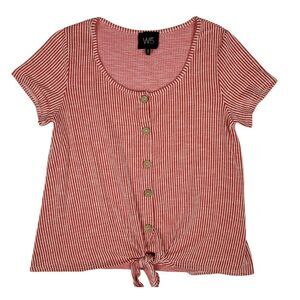 W5 Womens Shirt Sz M Tie Hem Scoop Neck Short Sleeve Striped‎ Red White Rayon